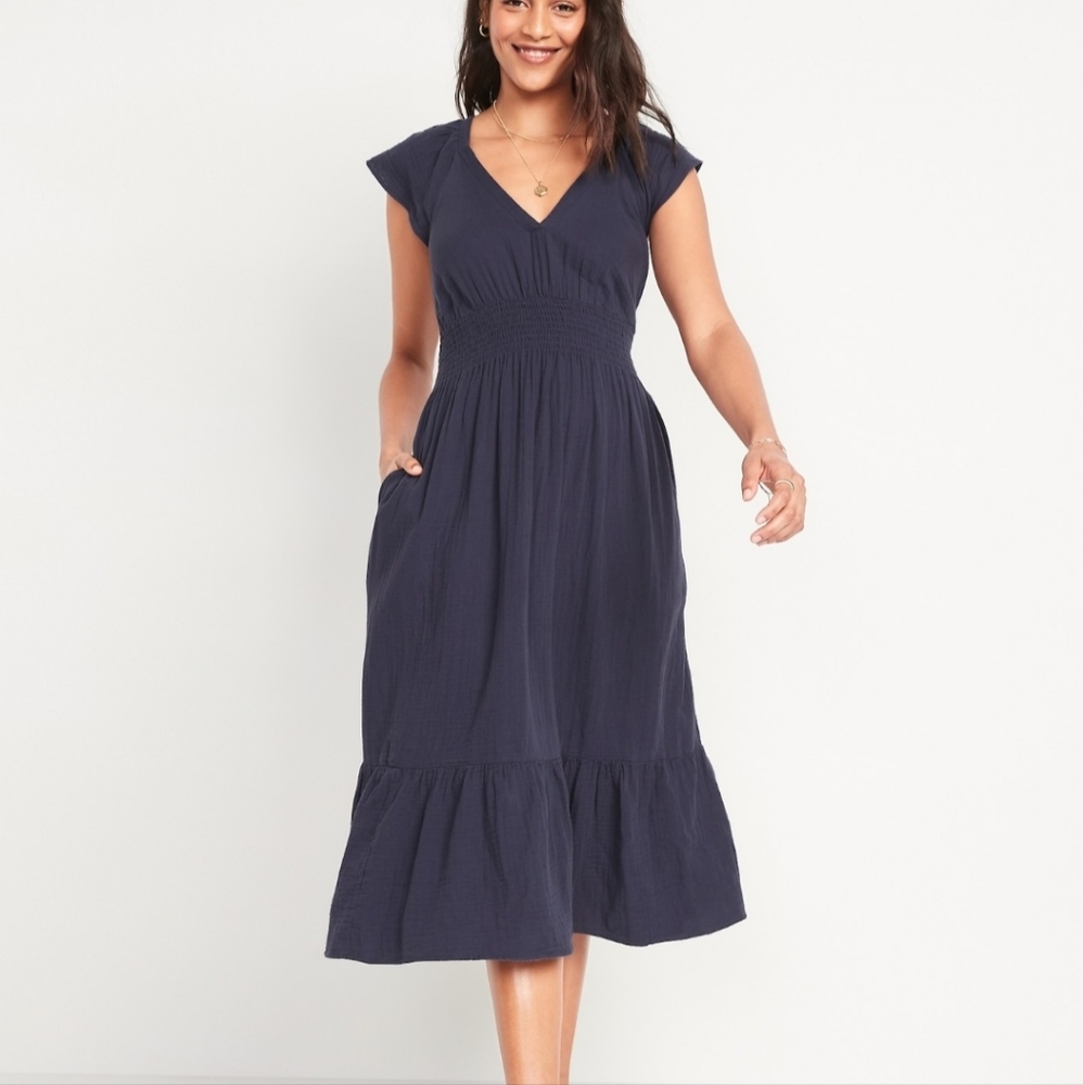 NWOT Waist-Defined Flutter-Sleeve Smocked Midi Dress for Women